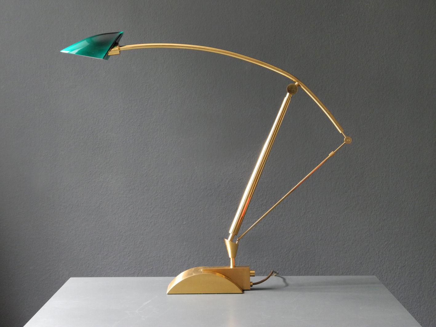 Very rare huge 80s adjustable brass halogen table lamp with green glass shade