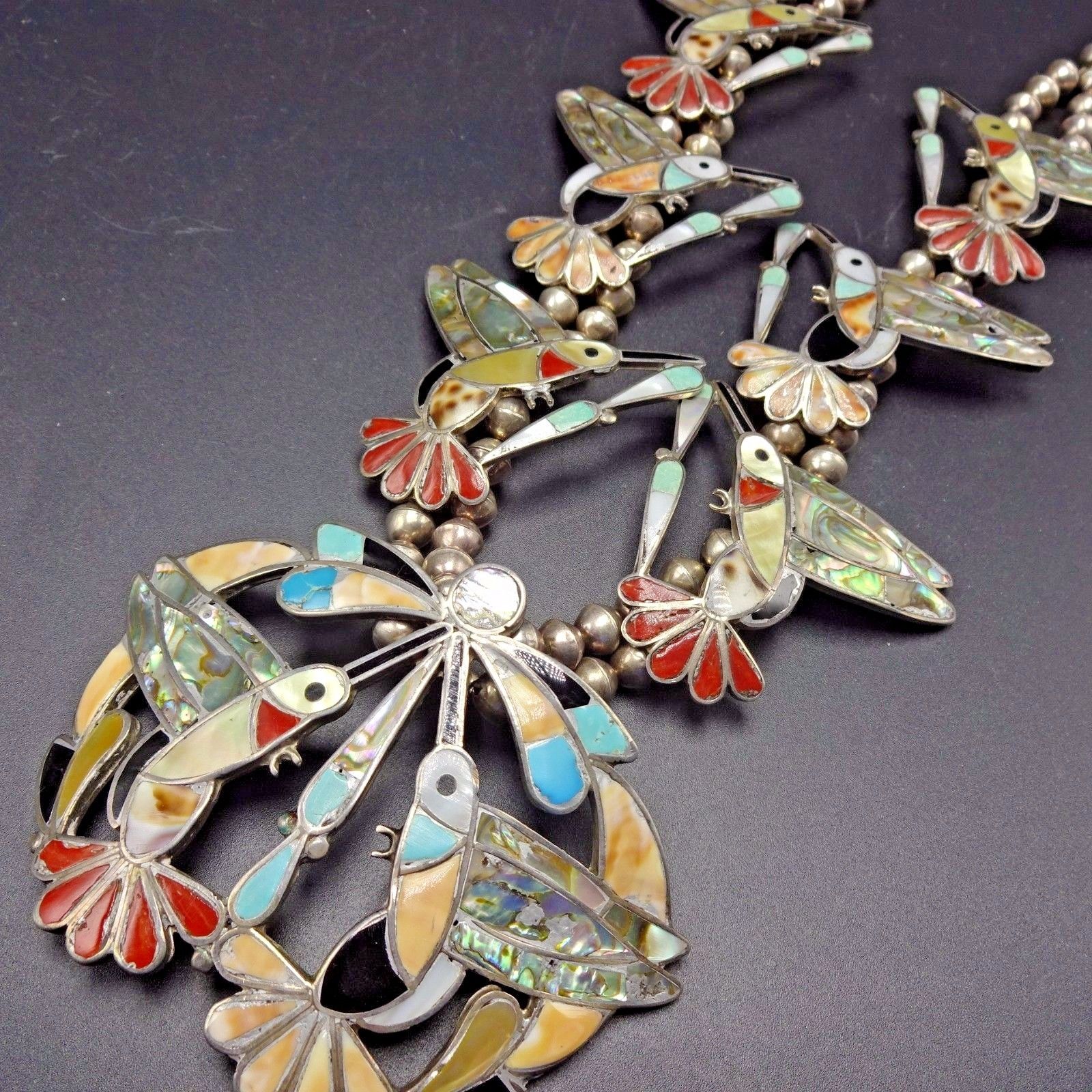 Exquisite Vintage ZUNI Sterling Silver MULTI STONE Inlay HUMMINGBIRD NECKLACE