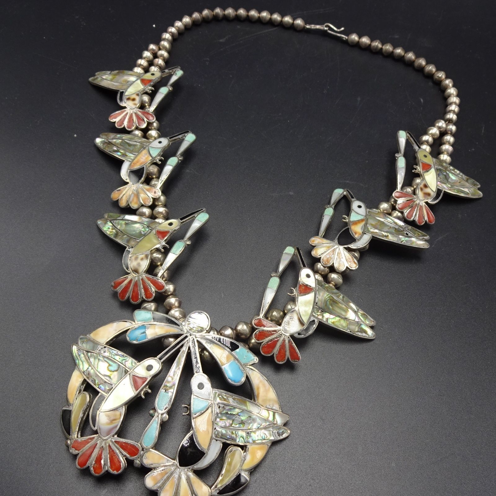 Exquisite Vintage ZUNI Sterling Silver MULTI STONE Inlay HUMMINGBIRD NECKLACE