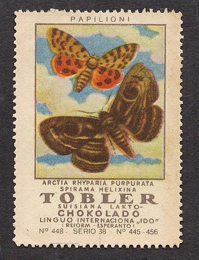 3 Poster Stamps c 1920~Butterfly & Moth series~Advertise Tobler Chocolate VG