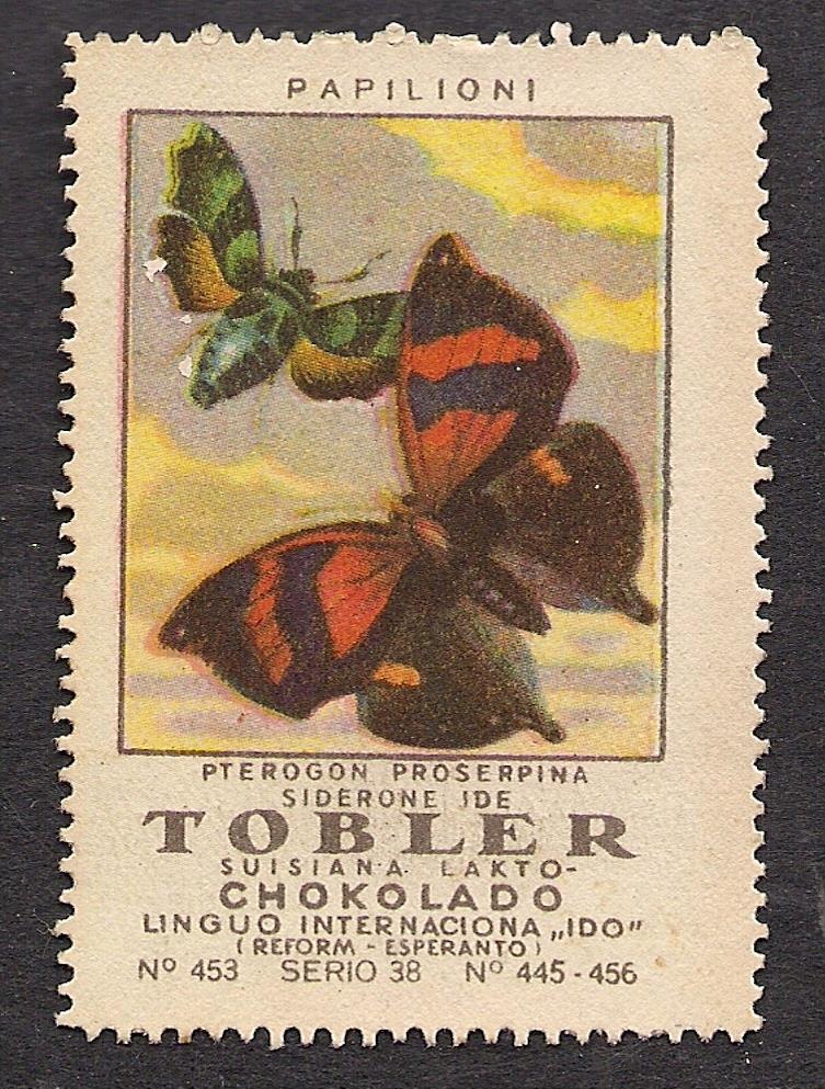 3 Poster Stamps c 1920~Butterfly & Moth series~Advertise Tobler Chocolate VG