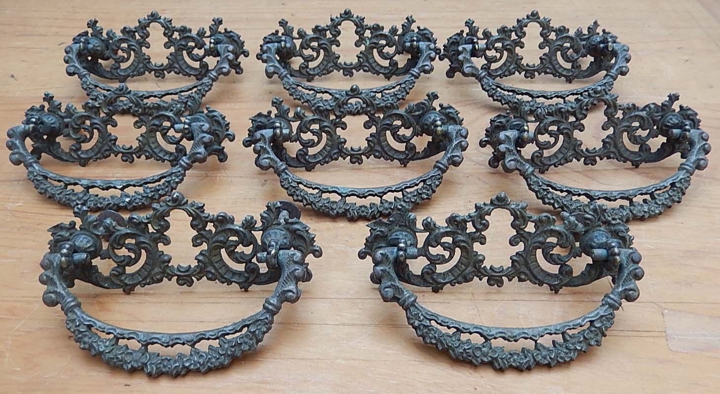 RARE 8 Fancy Antique Pierced Cast Brass 19th C. Victorian Drawer Pulls Handles