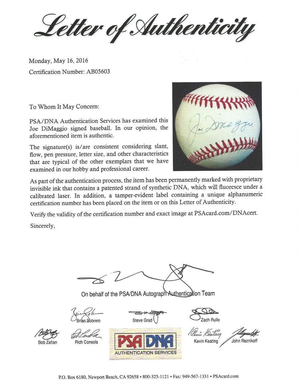 Joe DiMaggio Autographed Signed Official AL Baseball New York Yankees PSA/DNA