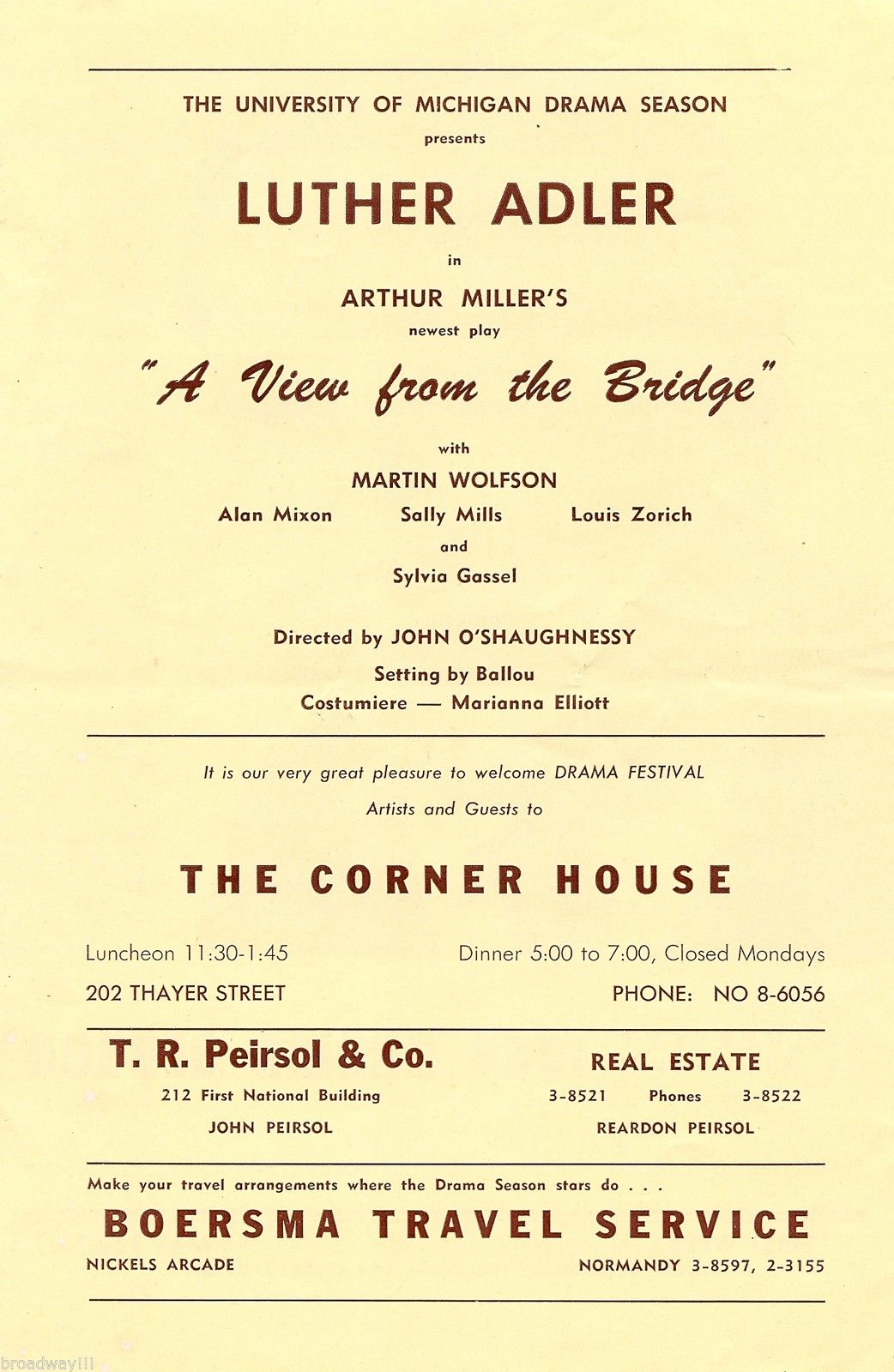 Arthur Miller's "A VIEW FROM THE BRIDGE" Luther Adler 1958 Ann Arbor Playbill