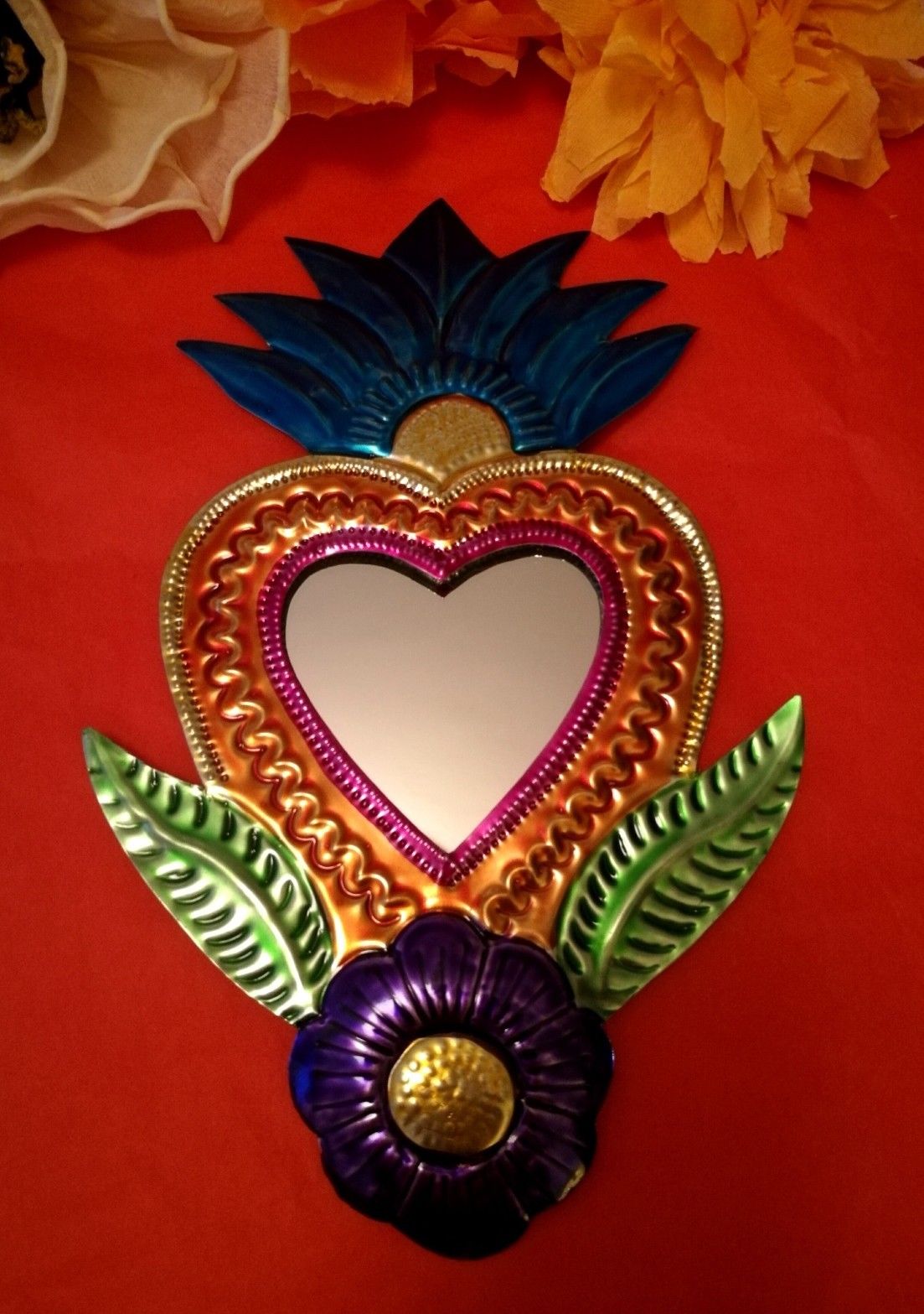 Mexican Tin Folk Art Mirror Gorgeous Flaming Heart Milagro Authentic Oaxaca
