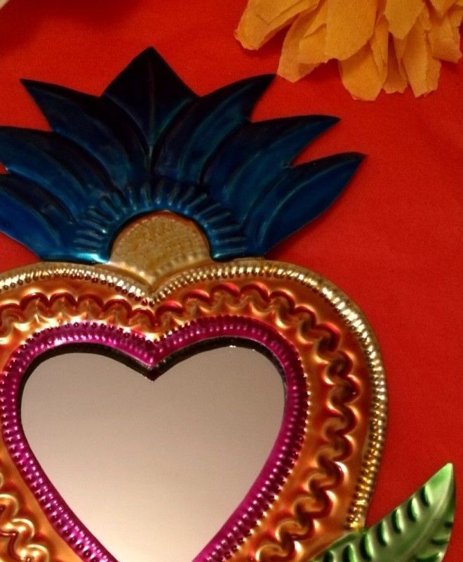 Mexican Tin Folk Art Mirror Gorgeous Flaming Heart Milagro Authentic Oaxaca