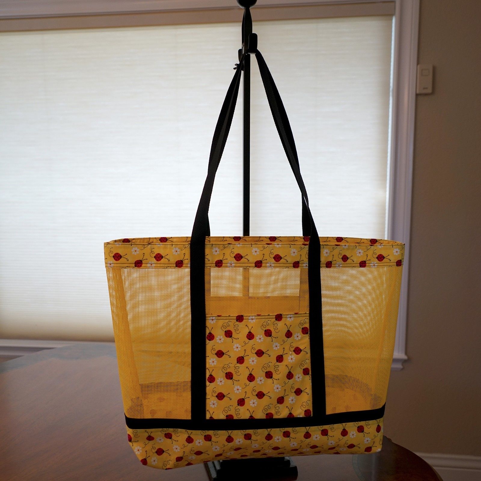 NEW Handmade #7604 Eco Friendly EX LG Ladybugs Yellow Mesh Reusable Tote 18x15x5