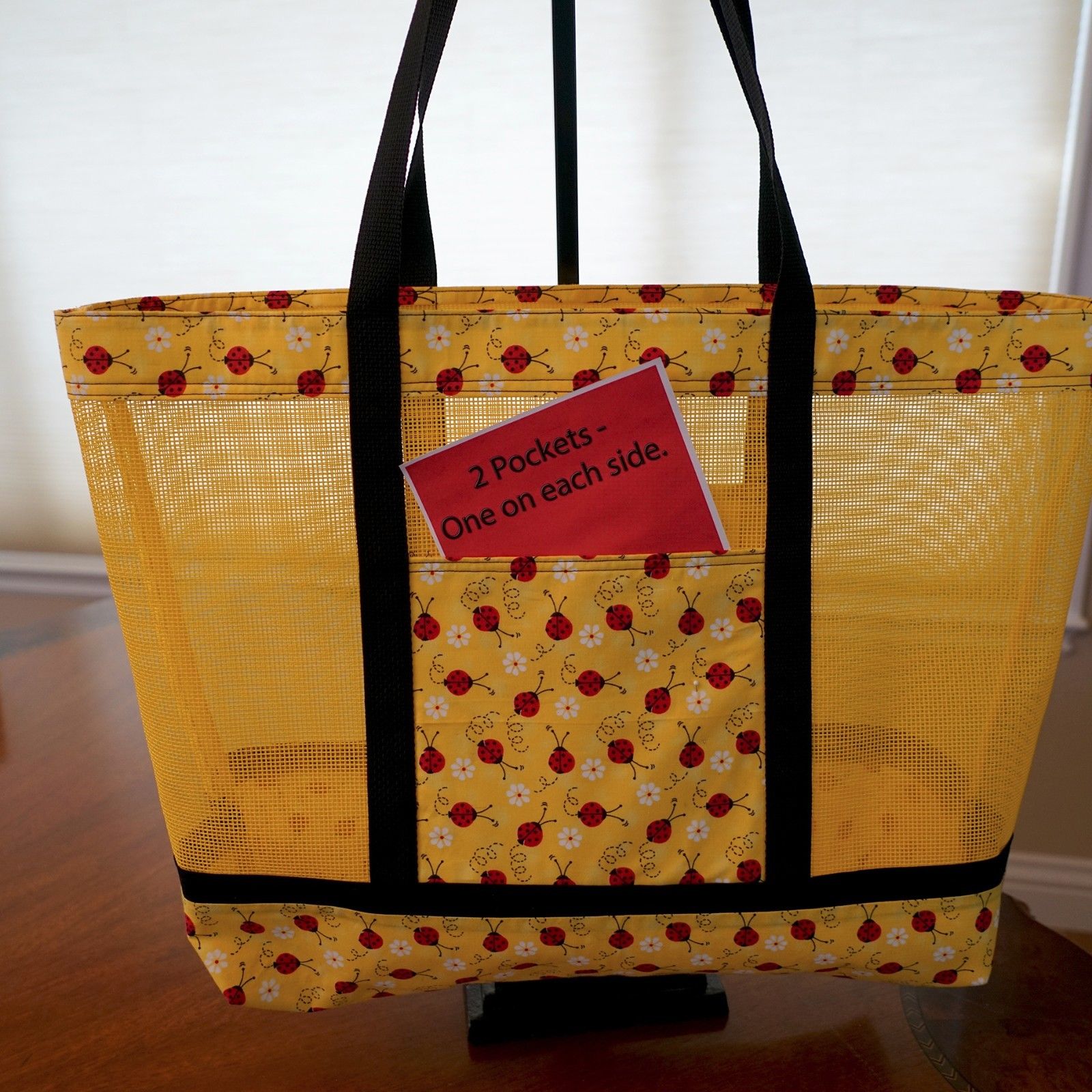 NEW Handmade #7604 Eco Friendly EX LG Ladybugs Yellow Mesh Reusable Tote 18x15x5