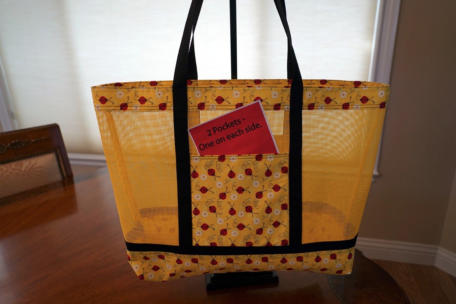 NEW Handmade #7604 Eco Friendly EX LG Ladybugs Yellow Mesh Reusable Tote 18x15x5