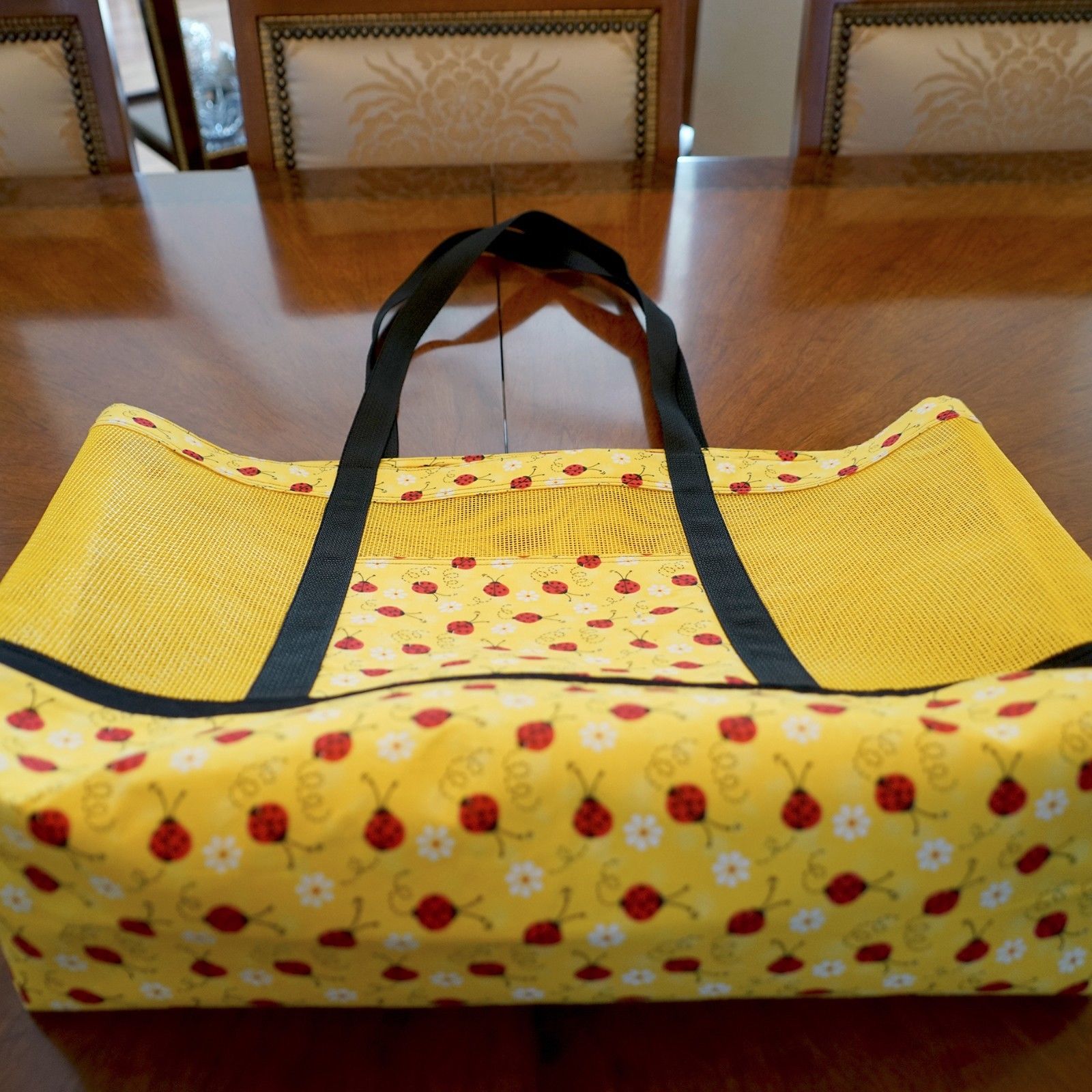 NEW Handmade #7604 Eco Friendly EX LG Ladybugs Yellow Mesh Reusable Tote 18x15x5