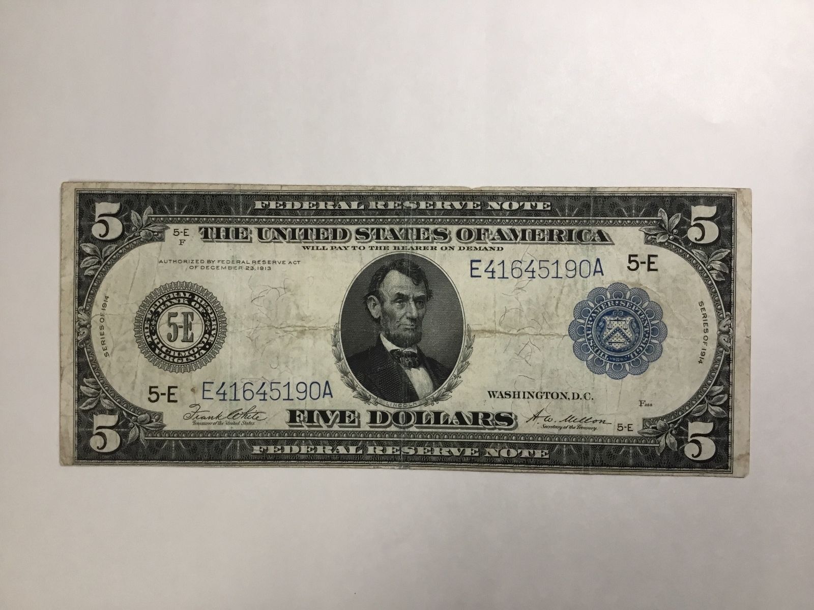 Series 1914 Blue Seal Federal Reserve Note 5-E Richmond Virginia