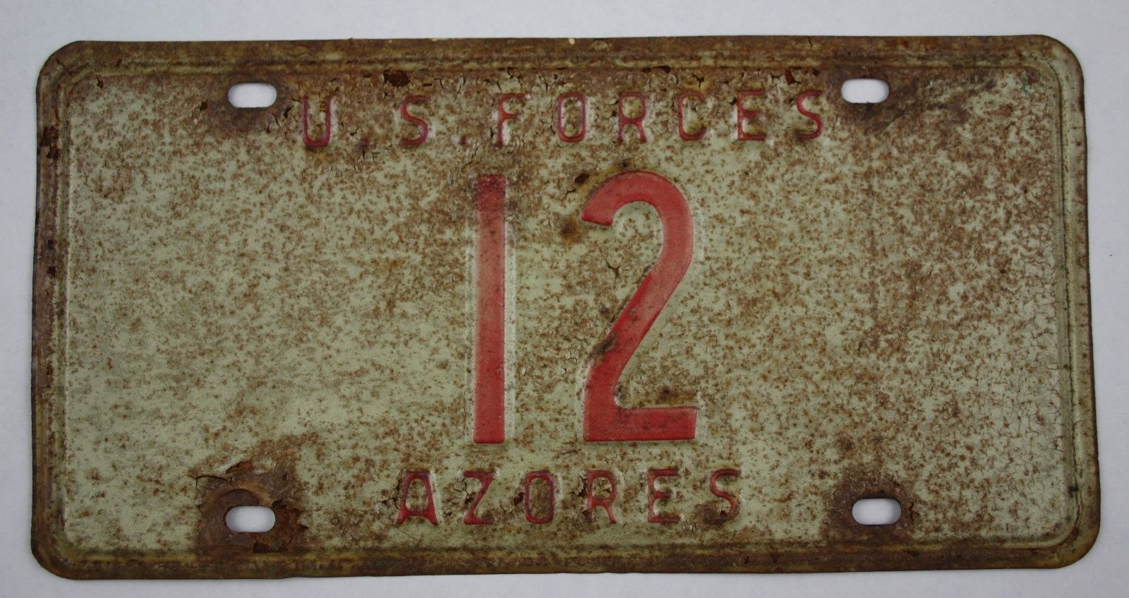 1950's Original Vintage AZORES License Plate 12 U.S. FORCES