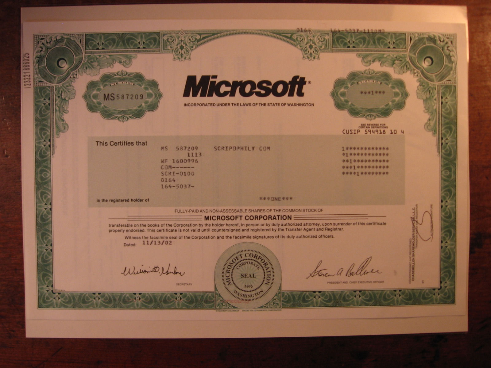 RARE Microsoft Stock Certificate(BILL GATES/MARKET/APPLE/AMAZON/NETFLIX/FACEBOOK