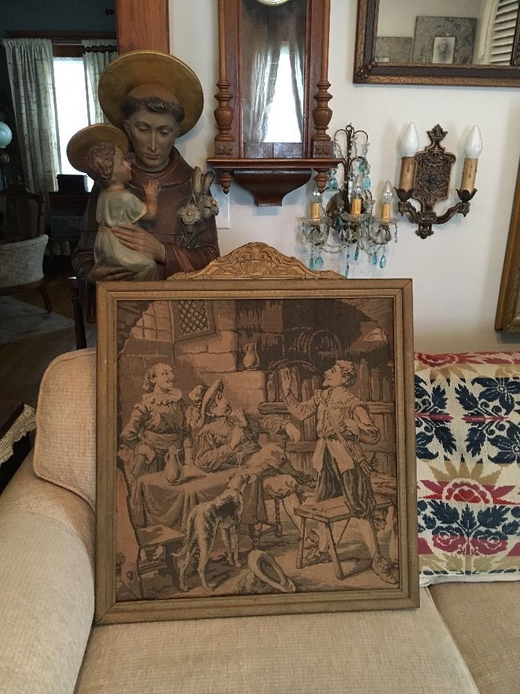 Vintage FRAMED TAPESTRY ITALIAN RENAISSANCE THEME WITH DOG STUNNING