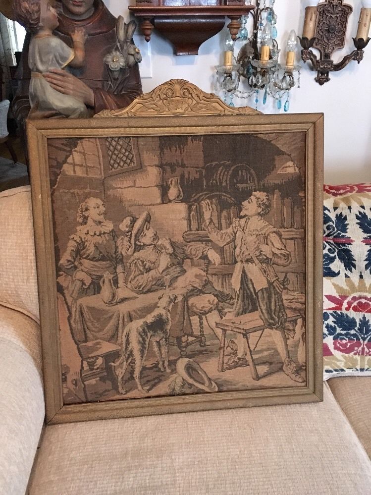 Vintage FRAMED TAPESTRY ITALIAN RENAISSANCE THEME WITH DOG STUNNING