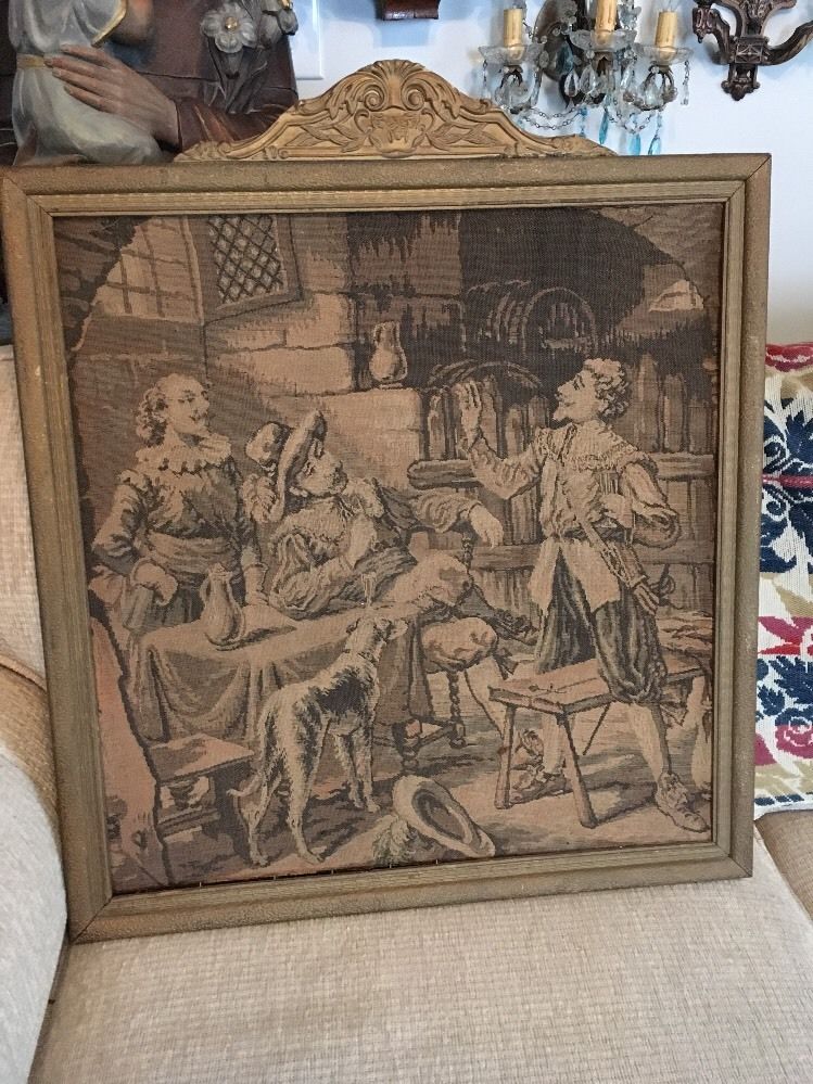 Vintage FRAMED TAPESTRY ITALIAN RENAISSANCE THEME WITH DOG STUNNING