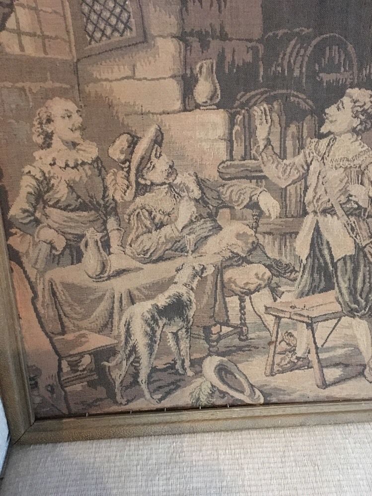 Vintage FRAMED TAPESTRY ITALIAN RENAISSANCE THEME WITH DOG STUNNING