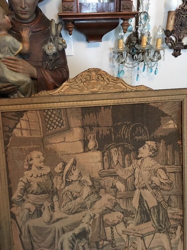 Vintage FRAMED TAPESTRY ITALIAN RENAISSANCE THEME WITH DOG STUNNING