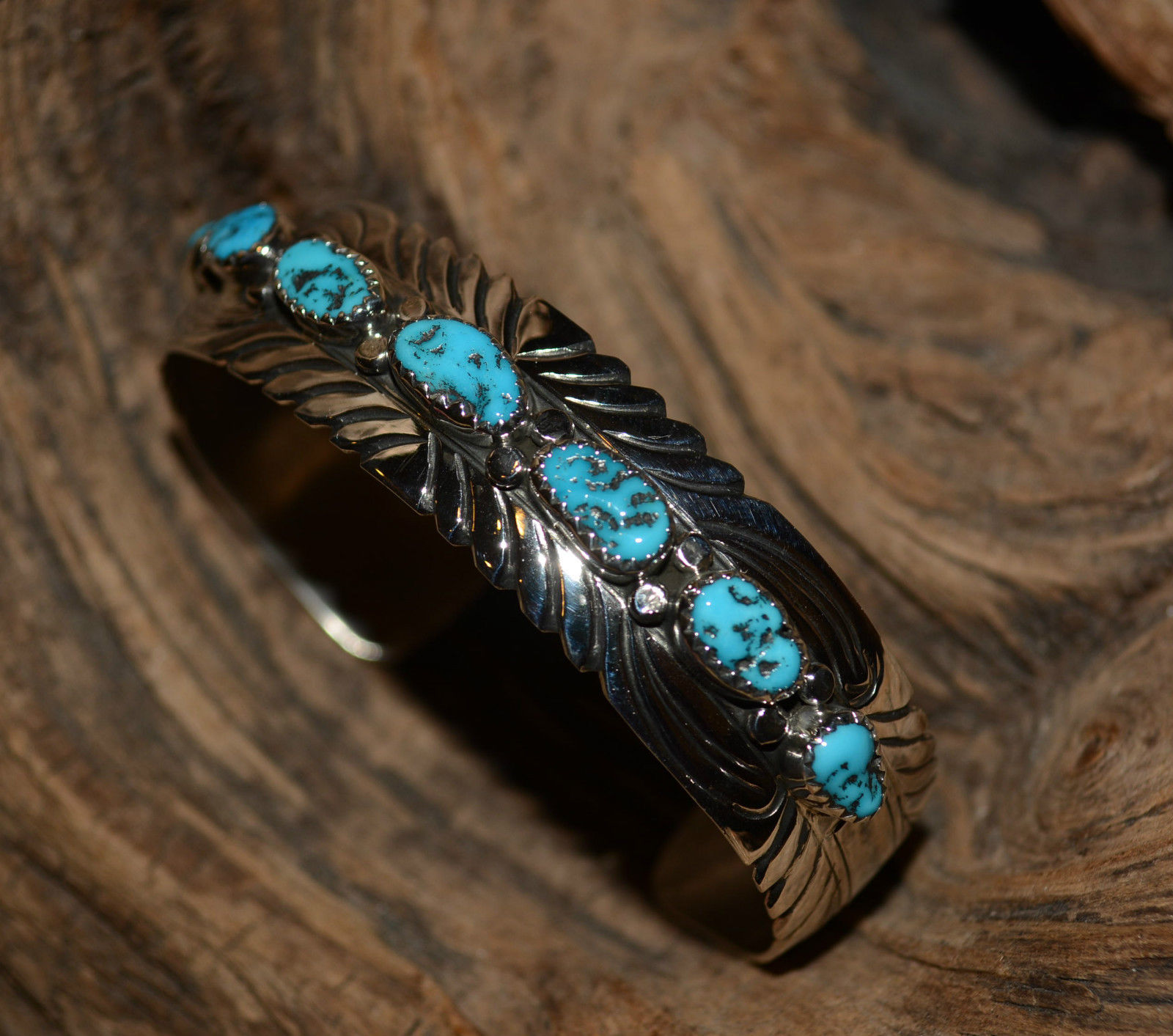 Bracelet Native American Turquoise Stones Sterling Silver Navajo Artist J Slinky