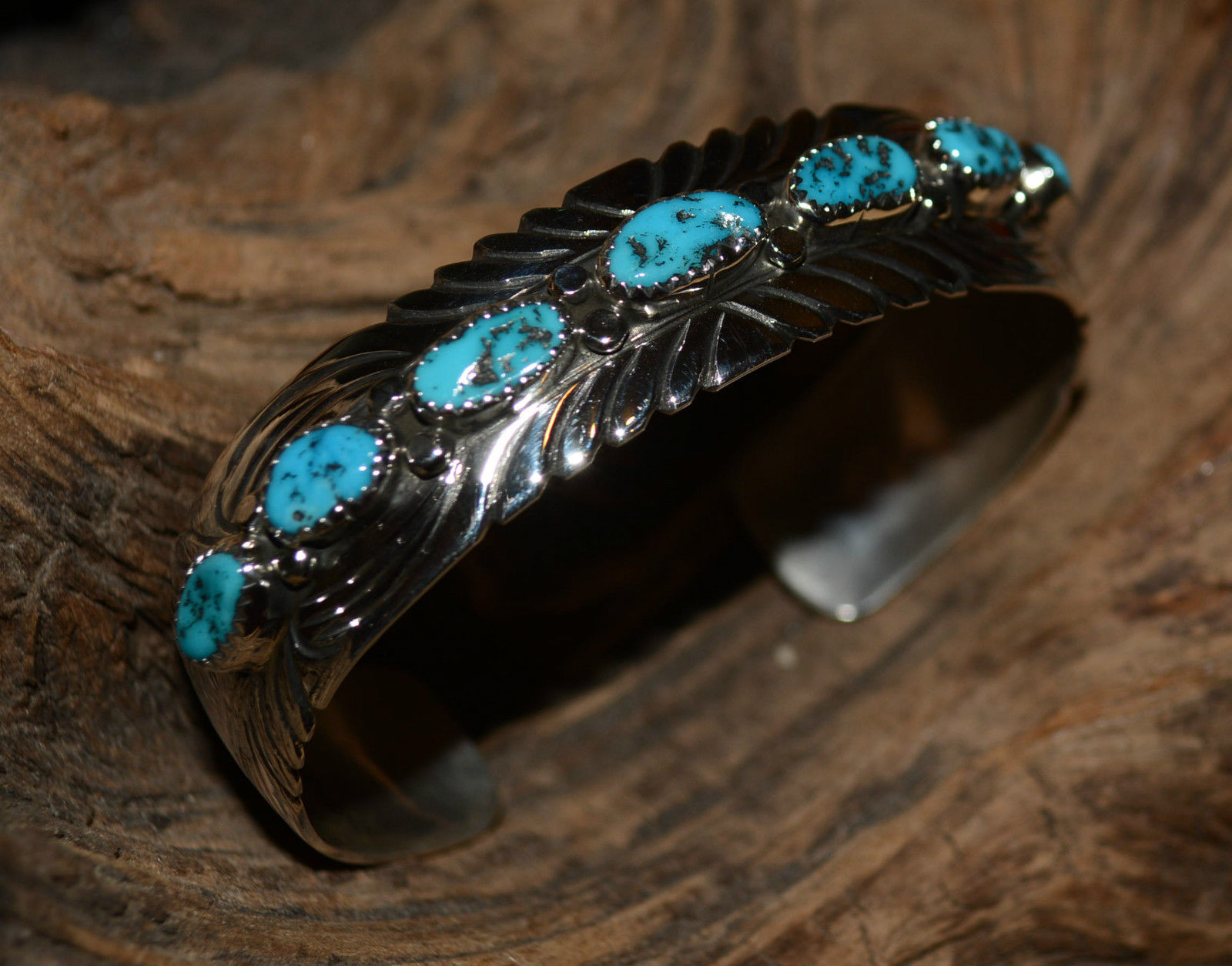 Bracelet Native American Turquoise Stones Sterling Silver Navajo Artist J Slinky