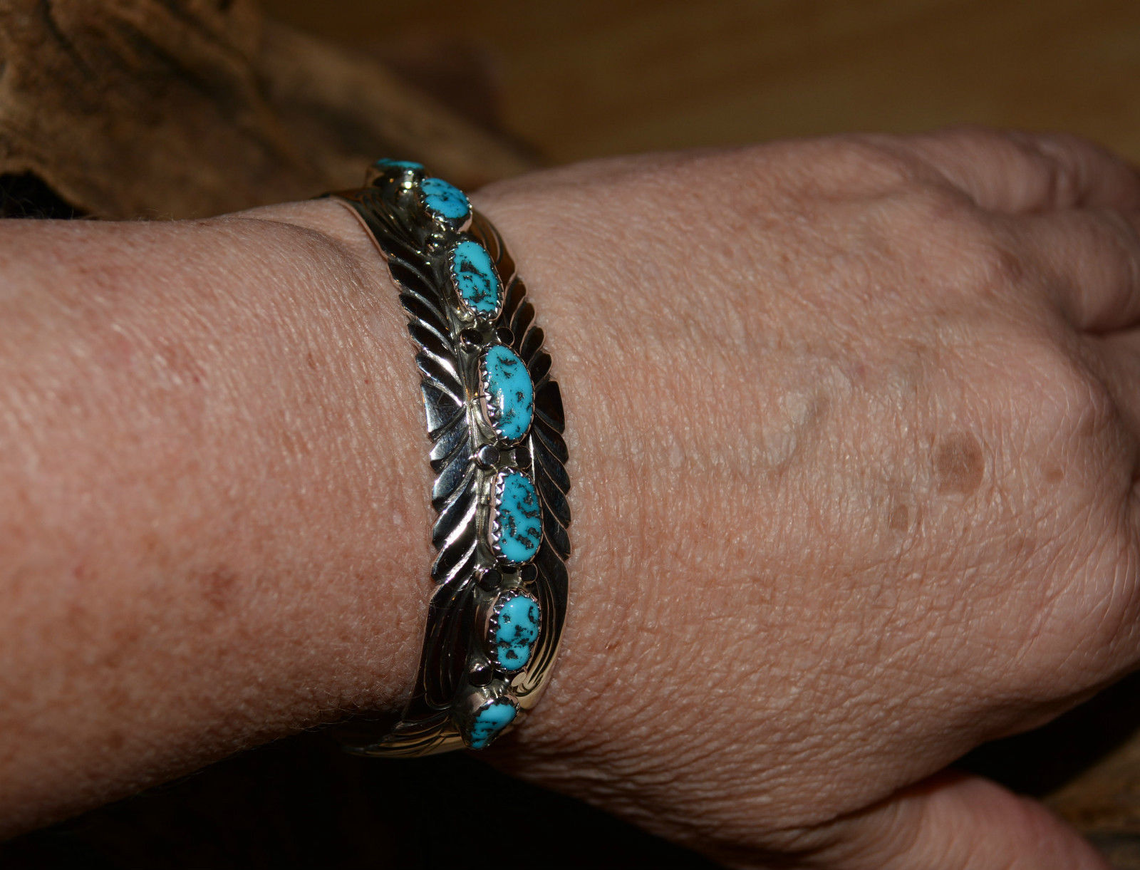 Bracelet Native American Turquoise Stones Sterling Silver Navajo Artist J Slinky