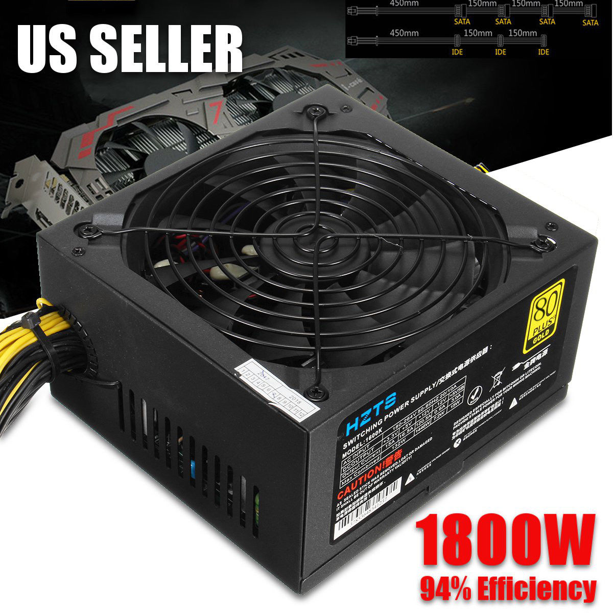 1800W PC Power Supply 24/8PIN 12V PCI-E 94% Efficiency 80Plus Modular For Miner