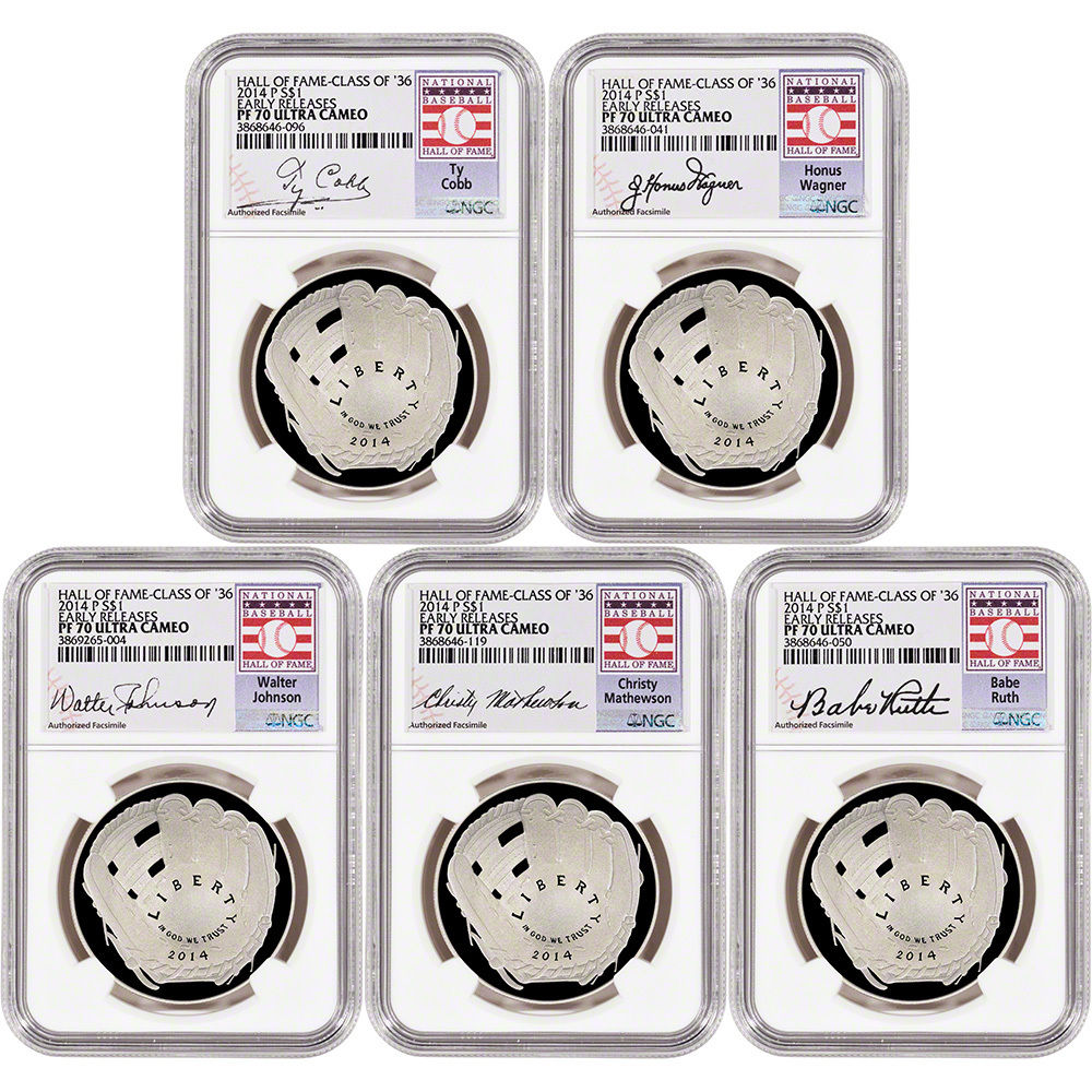 5-pc. 2014 US Baseball Proof Silver $1 - Class of '36 - NGC PF70 -Early Releases