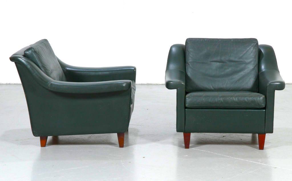 VINTAGE MID CENTURY DANISH OLIVE LEATHER LOUNGE CHAIR SET 1960s