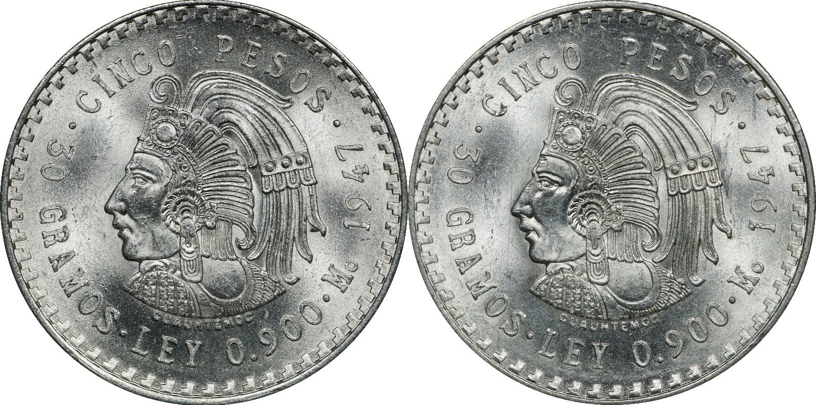 1947 Mexico 5 Pesos, Silver Cuahtemoc, Lot of (2) Uncirculated BU Coins