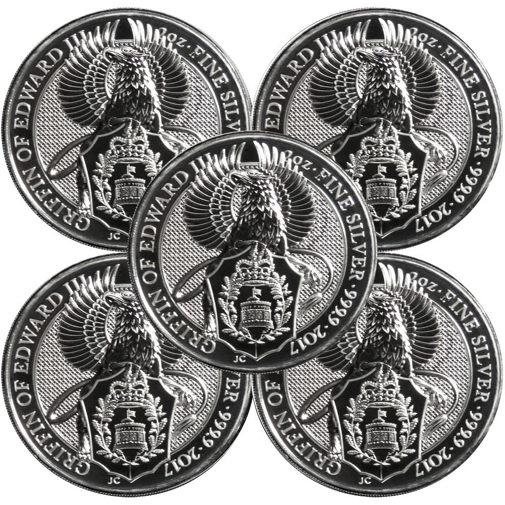 Lot of 5 - 2017 U.K. 5 Pound Silver Queen's Beast .9999 2 oz BU The Griffin