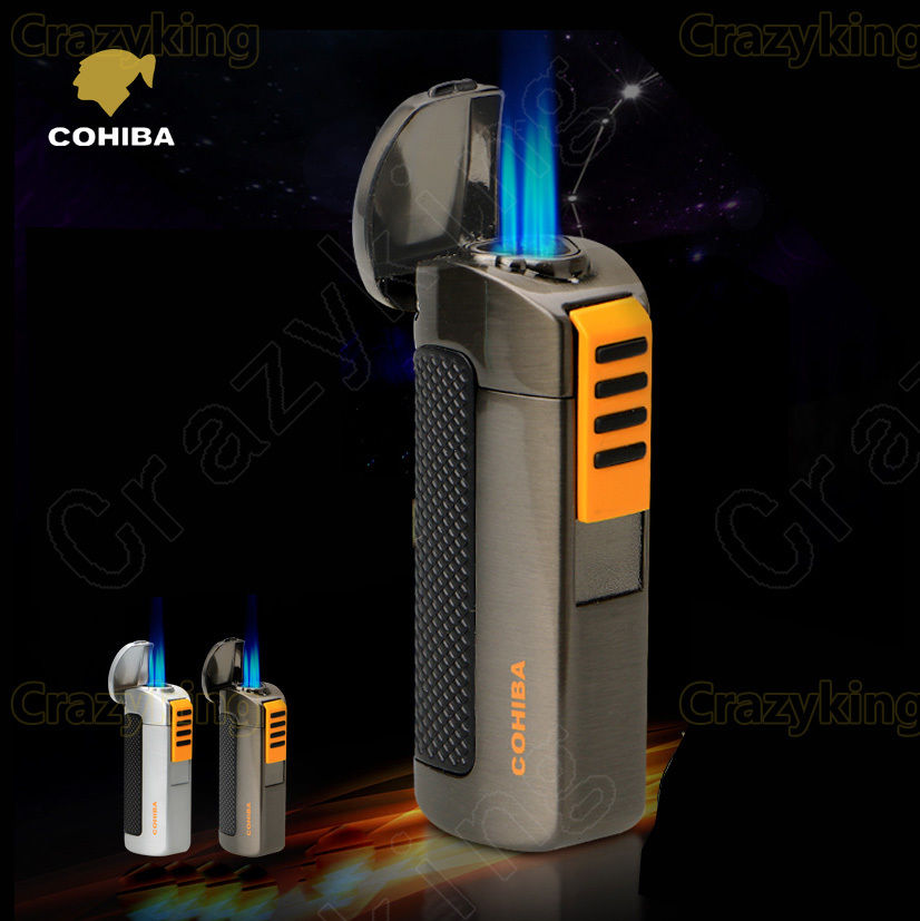 COHIBA Black&Yellow  Metal 3 Torch Jet Flame Cigar Cigarette Lighter With Punch