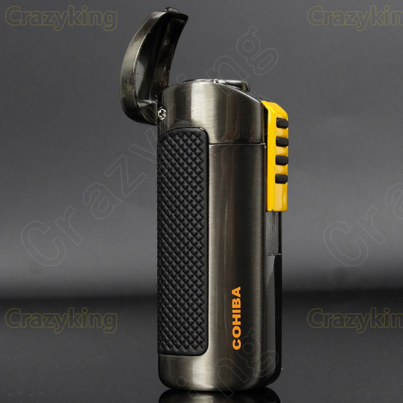 COHIBA Black&Yellow  Metal 3 Torch Jet Flame Cigar Cigarette Lighter With Punch