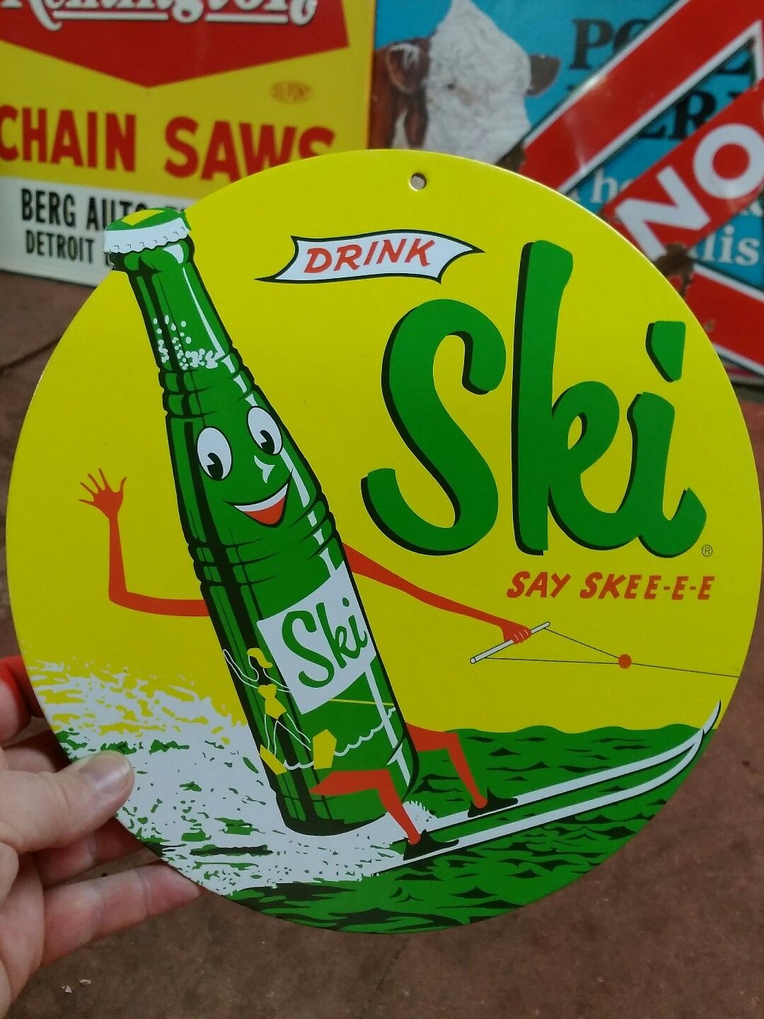 1960'S  DRINK SKI SODA  SIGN BOTTLE DISPLAY FAN PULL 2-SIDED POP GENERAL STORE