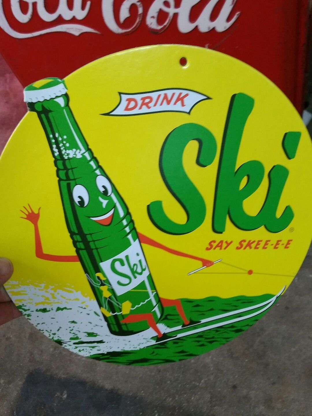 1960'S  DRINK SKI SODA  SIGN BOTTLE DISPLAY FAN PULL 2-SIDED POP GENERAL STORE