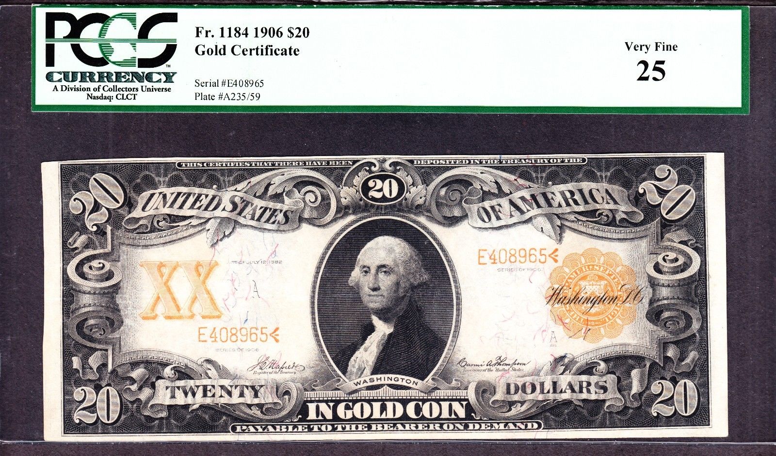 US 1906 $20 Gold Certificate FR 1184 PCGS 25 VF (-965)