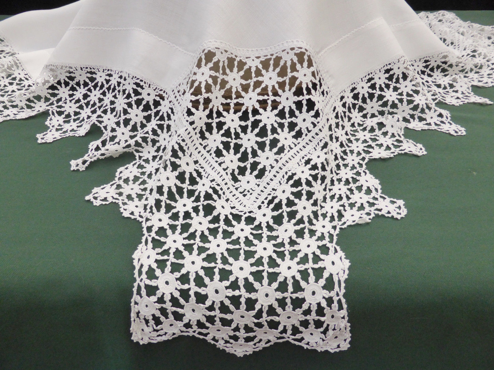 Antique Irish Linen Crisp White Tablecloth with Fabulous Deep Hand Crochet