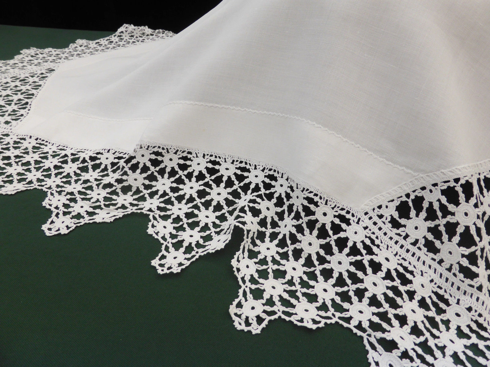 Antique Irish Linen Crisp White Tablecloth with Fabulous Deep Hand Crochet