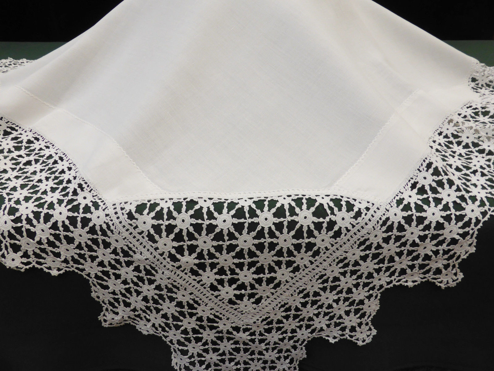 Antique Irish Linen Crisp White Tablecloth with Fabulous Deep Hand Crochet