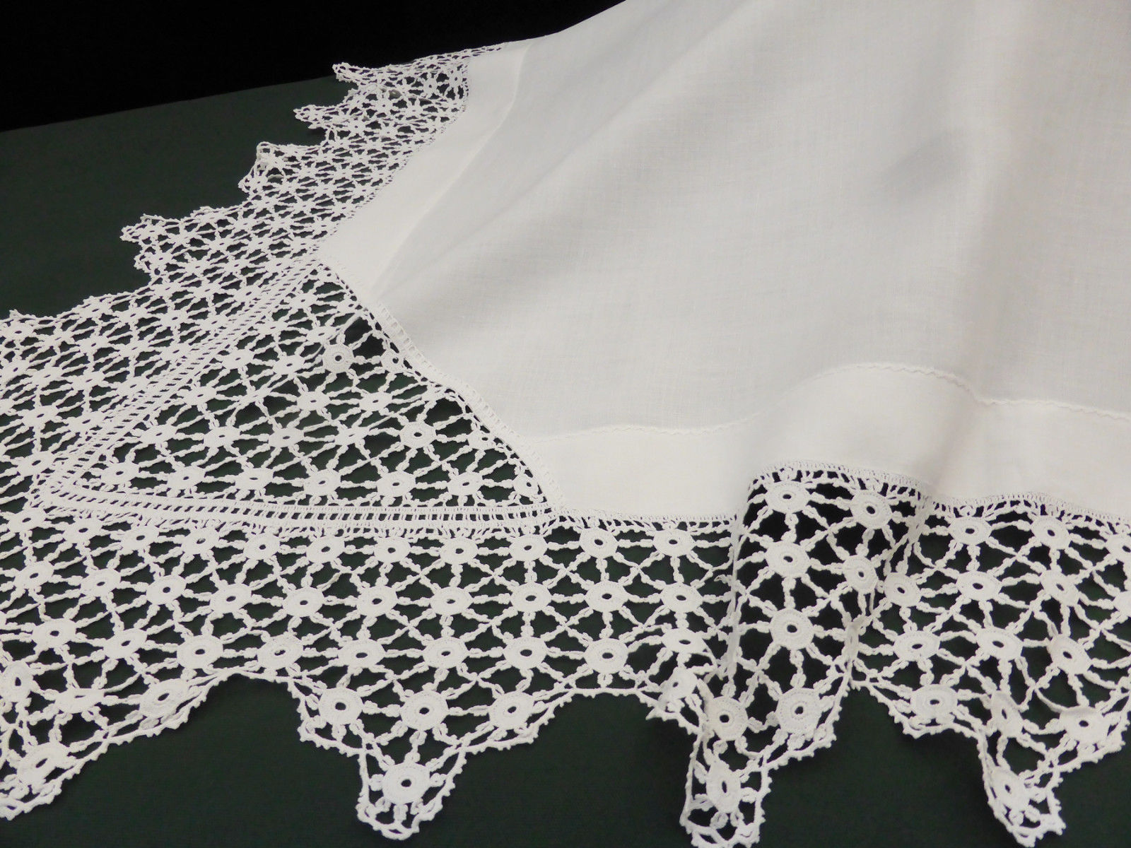 Antique Irish Linen Crisp White Tablecloth with Fabulous Deep Hand Crochet