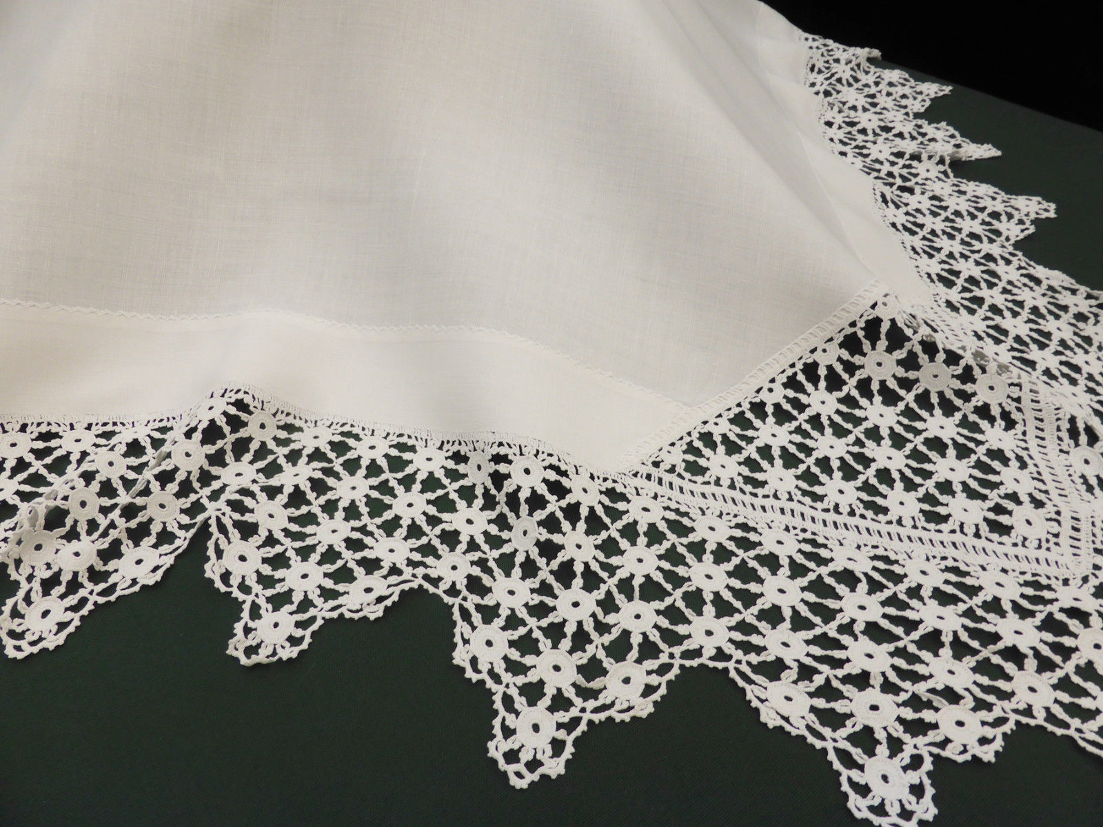 Antique Irish Linen Crisp White Tablecloth with Fabulous Deep Hand Crochet