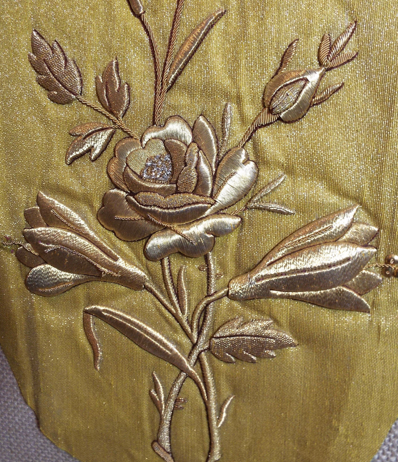 Antique French Applique Gold Metallic Embroidered Rose Flowers