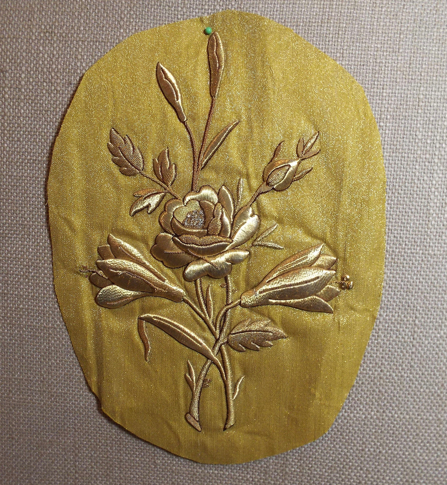 Antique French Applique Gold Metallic Embroidered Rose Flowers