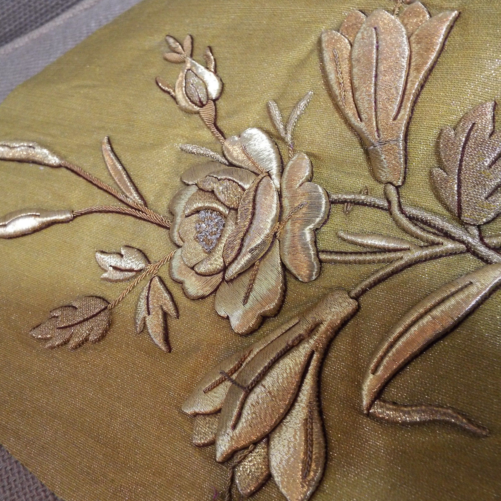 Antique French Applique Gold Metallic Embroidered Rose Flowers