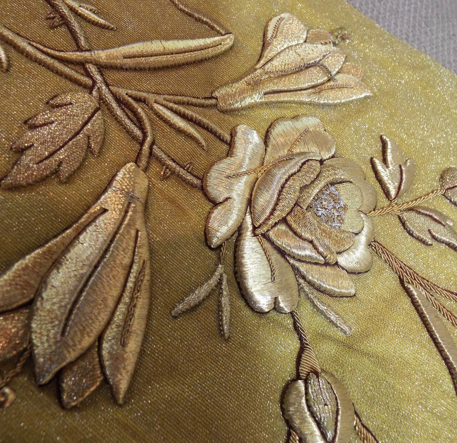 Antique French Applique Gold Metallic Embroidered Rose Flowers