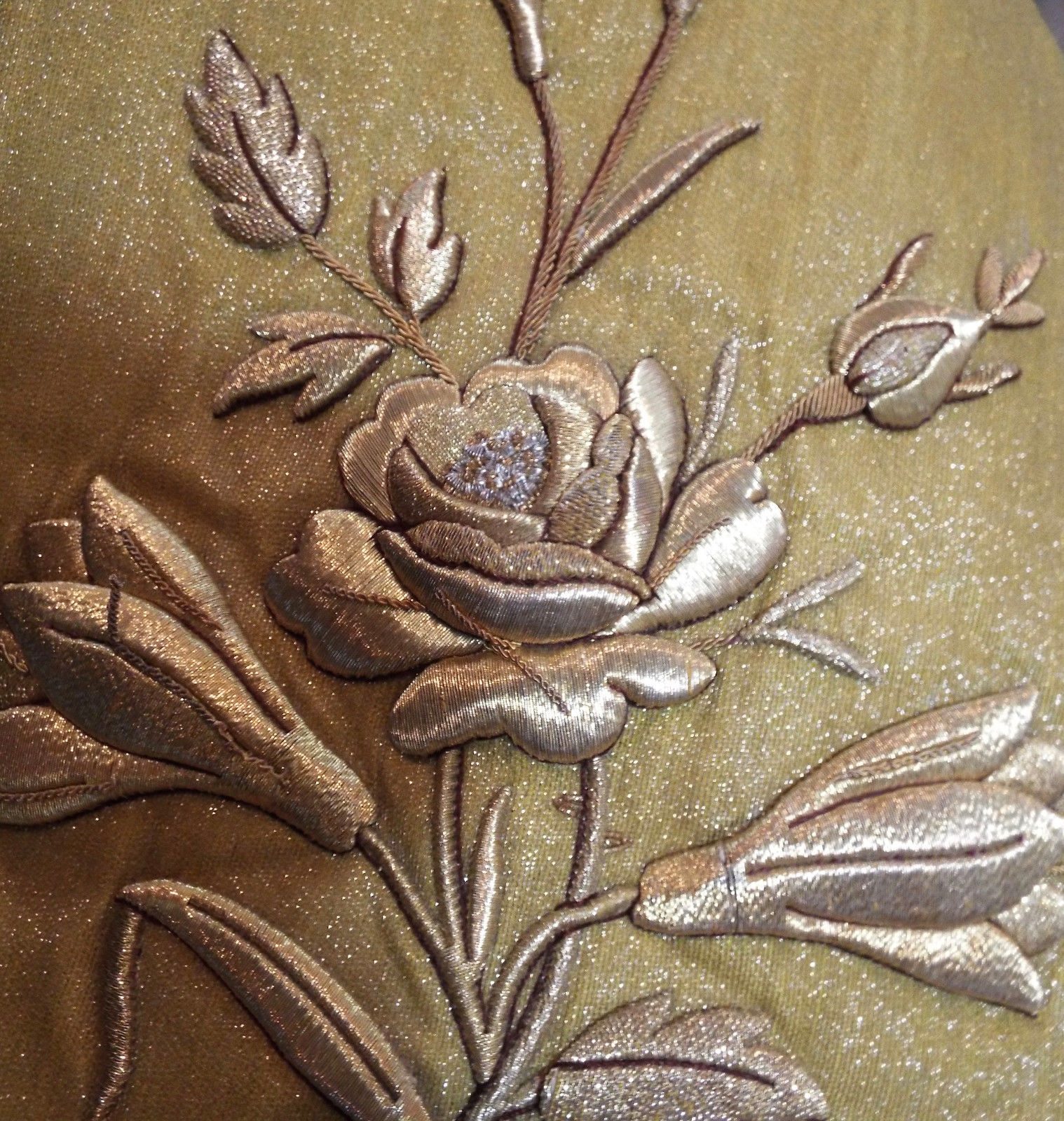 Antique French Applique Gold Metallic Embroidered Rose Flowers