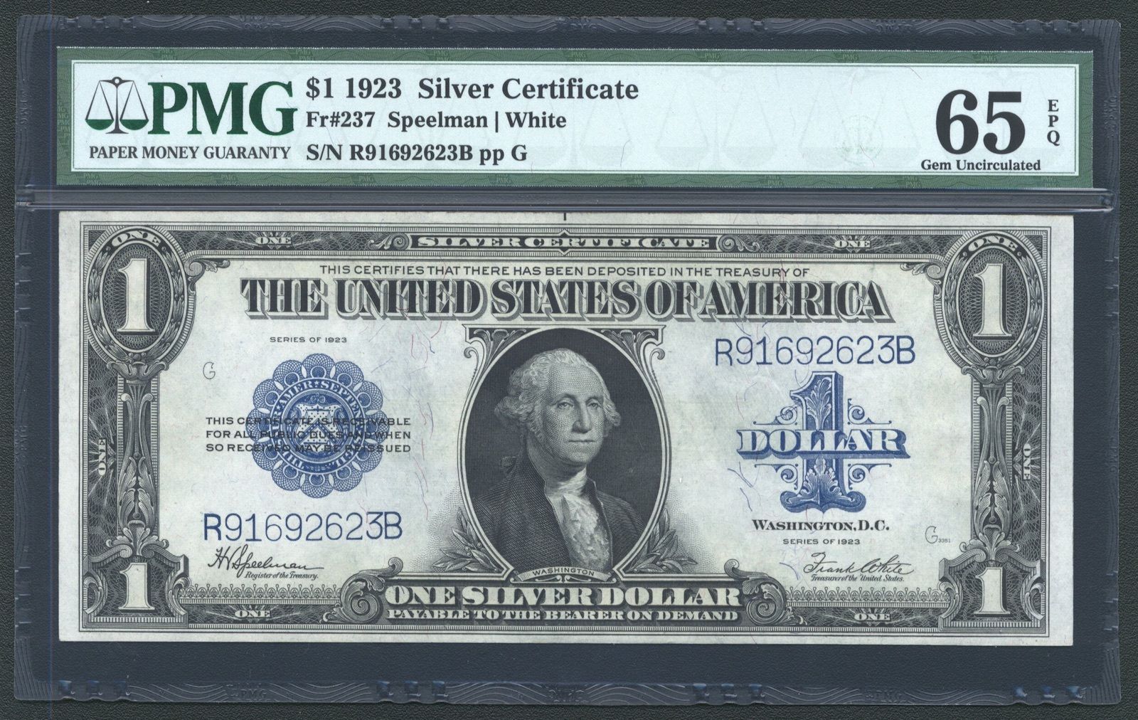 1923 $1 SILVER CERTIFICATE BANKNOTE FR-237 GEM UNCIRCULATED CERTIFIED PMG-65-EPQ