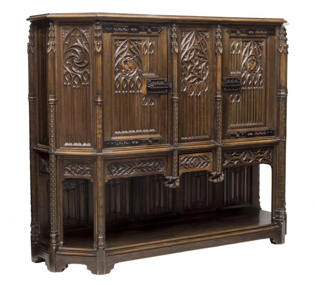 FRENCH GOTHIC REVIVAL CARVED WALNUT CABINET SIDEBOARD 19TH Century ( 1800s )