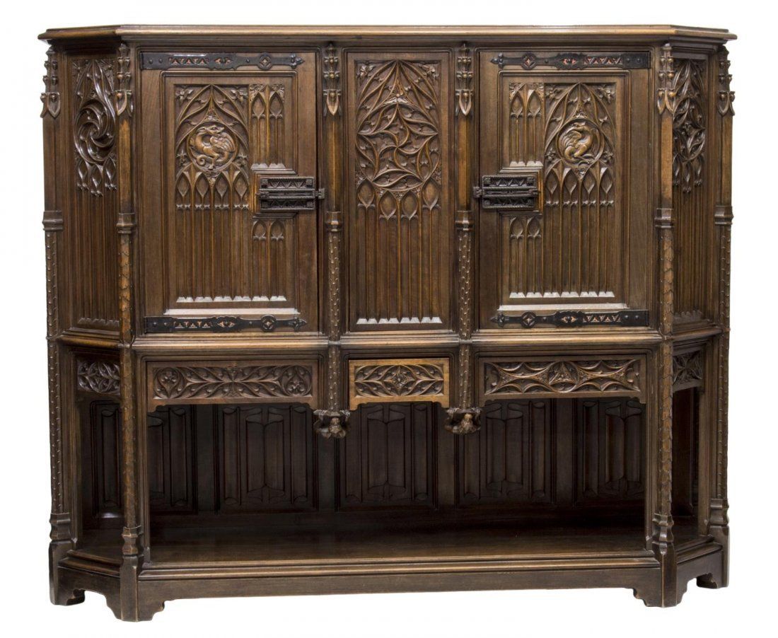 FRENCH GOTHIC REVIVAL CARVED WALNUT CABINET SIDEBOARD 19TH Century ( 1800s )