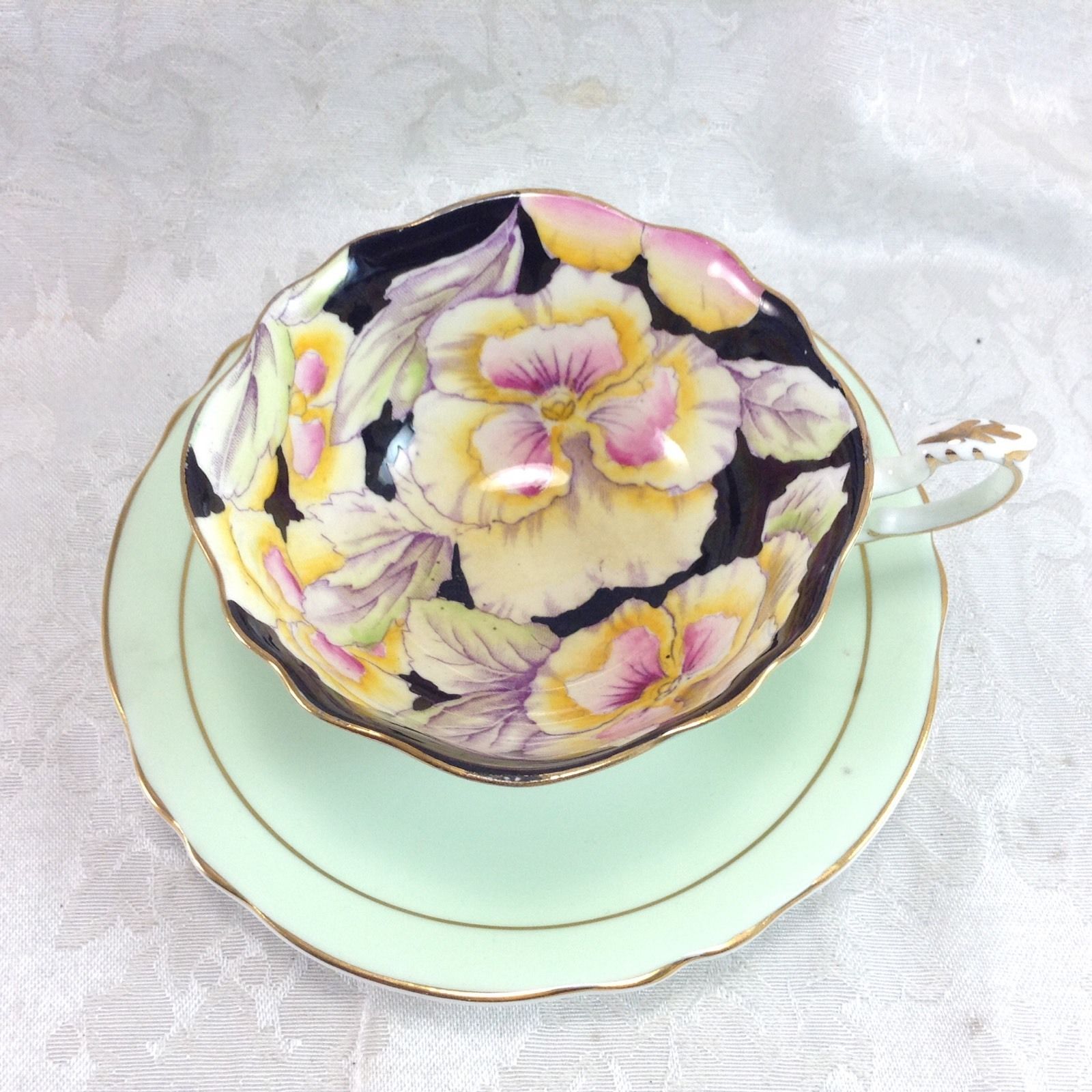 Paragon Flowers Pansies on Black Cup Saucer Teacup Set Vintage Porcelain