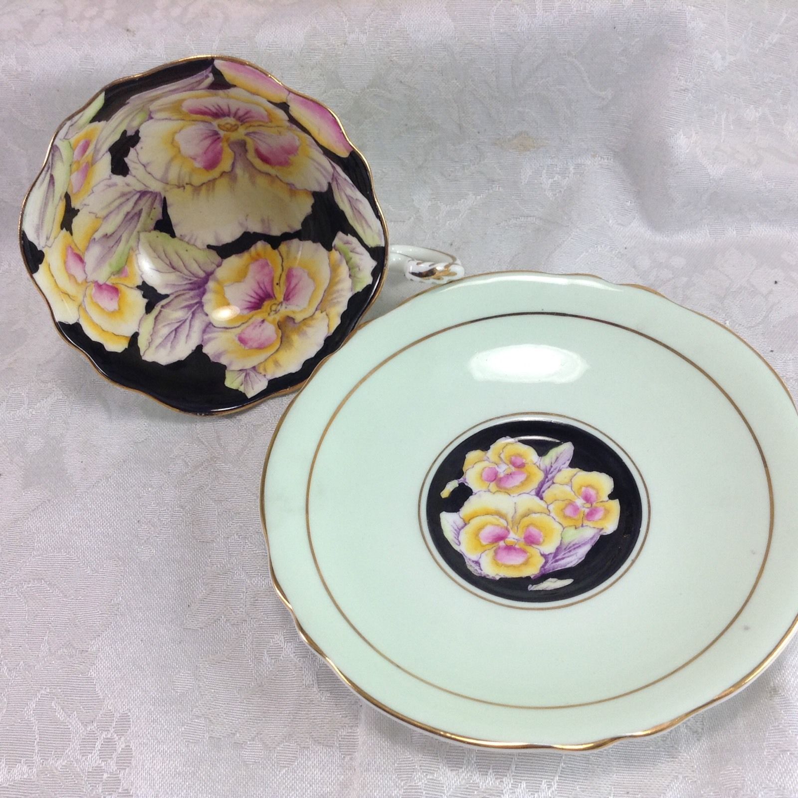 Paragon Flowers Pansies on Black Cup Saucer Teacup Set Vintage Porcelain